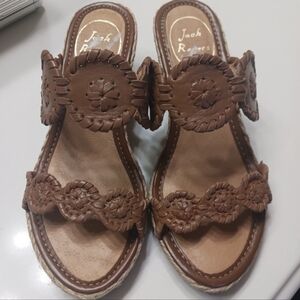 Jack Rogers Shelby Espadrille wedge slide sandals in cognac brown leather. NWOT